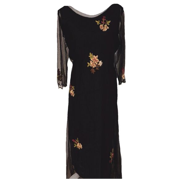 Vtg HOPELESS ROMATIC Black Mesh Dress Sz M Whimsy Fairy Goth Embroidered Flower - Picture 1 of 8